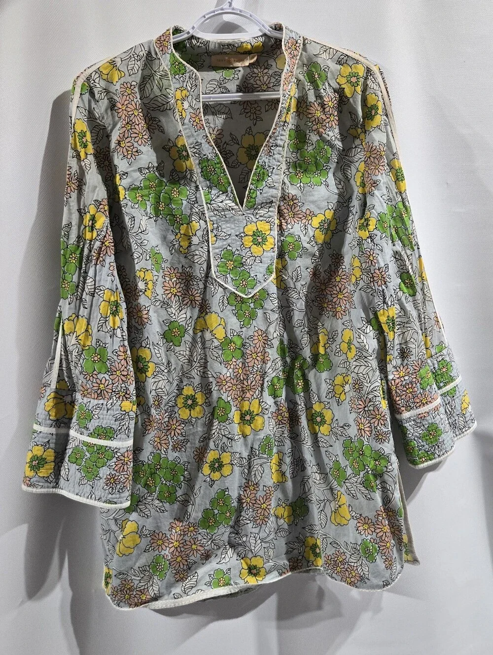 Tory Burch Tunic Blue Wallpaper Floral 100% Cotton Sz LG EUC!